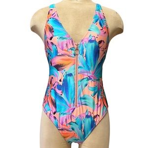 Zip Up Swimsuit One Piece Tropical Floral Zipper M Medium L Large